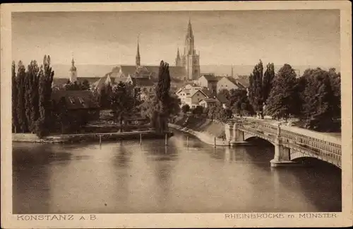Ak Konstanz am Bodensee, Rheinbrücke mit Münster
