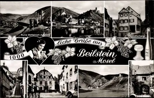 Ak Beilstein an der Mosel, Panorama, Jugendherbergem Stille Gasse, Klostertreppe, Marktplatz