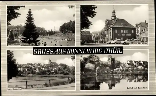 Ak Ronneburg in Thüringen, Schwimmbad, Rathaus, Markt, Baderteich, Schloss