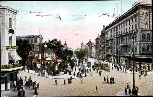 Ak Hannover in Niedersachsen, Georgstraße, Cafe, Straßenbahnen