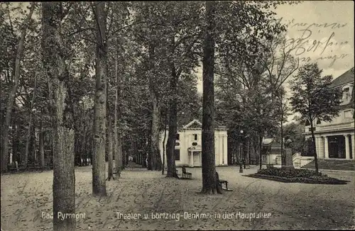 Ak Bad Pyrmont in Niedersachsen, Theater, Lortzing Denkmal, Hauptallee