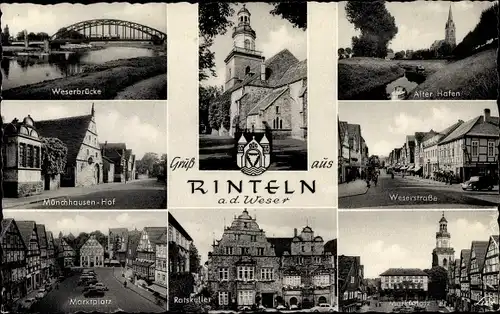 Ak Rinteln an der Weser, Kirche, Hafen, Ratskeller, Münchhausen Hof, Kirche