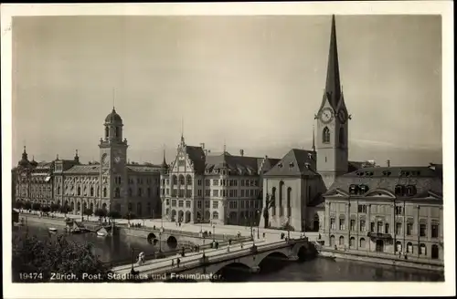 Ak Zürich Stadt Schweiz, Post, Stadthaus, Fraumünster