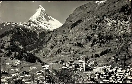 Ak Zermatt Kanton Wallis Schweiz, Gesamtansicht, Matterhorn