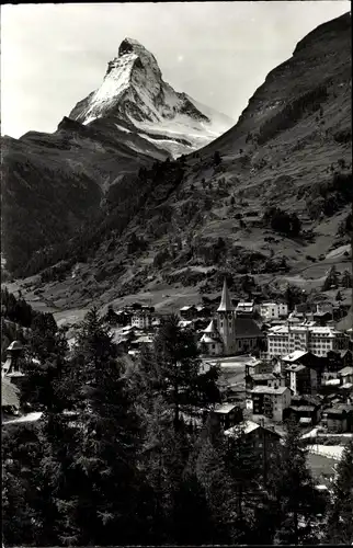 Ak Zermatt Kanton Wallis Schweiz, Gesamtansicht, Le Cervin