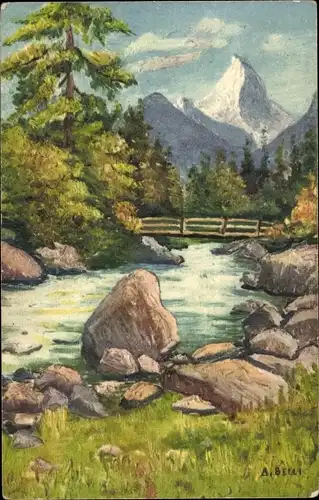 Künstler Ak Belli, A., Zermatt Kanton Wallis Schweiz, Flusspartie, Brücke, Matterhorn