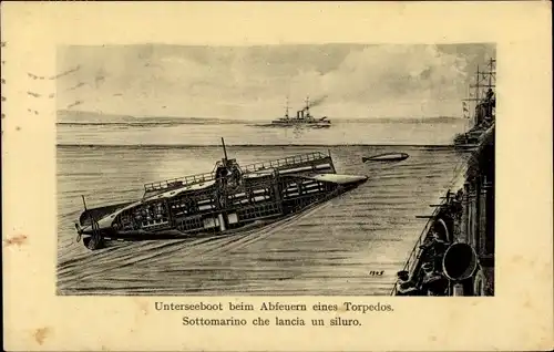 Künstler Ak Österreichisches U Boot beim Abfeuern eines Torpedos, Kuk Kriegsmarine, Sottomarino