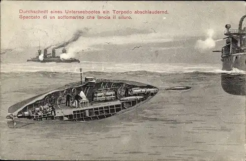 Künstler Ak Österreichisches U Boot beim Abfeuern eines Torpedos, Kuk Kriegsmarine, Sottomarino