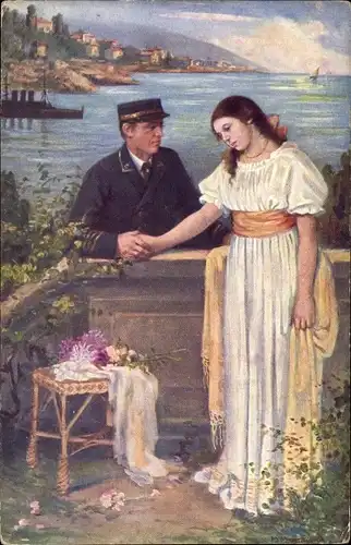 Künstler Ak Offizier der kuk Kriegsmarine mit seiner Liebsten