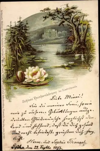 Litho Reinhardsbrunn Friedrichroda im Thüringer Wald, Schlosspartie, Seerose