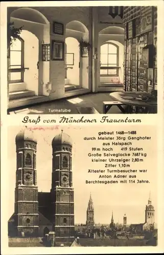 Ak München Bayern, Münchener Frauenkirche, Außenansicht, Turmstube, Jörg Ganghofer, Anton Adner