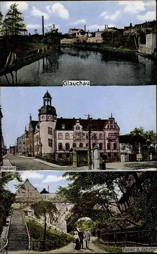 Ak Glauchau in Sachsen, Postamt, Tunnel, Flusspartie