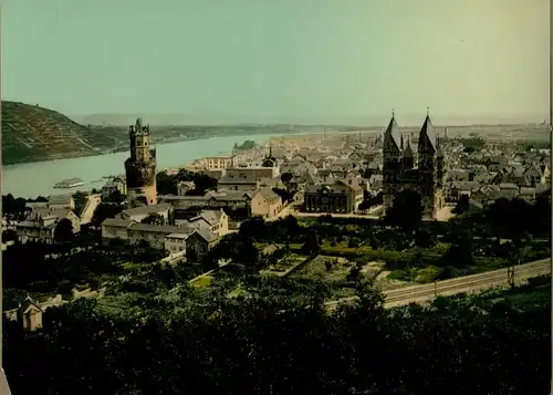 Foto 1897 Andernach am Rhein, Panorama, Blick auf Stadt und Rhein, Bahnstrecke