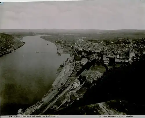 Foto 1897, Andernach und Rhein vom Krahnenberge, Hafen, Bahnanlagen