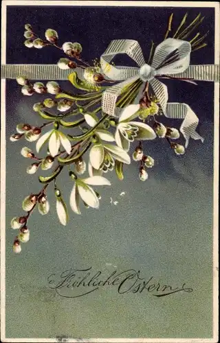 Präge Litho Glückwunsch Ostern, Weidenkätzchen, Schneeglöckchen