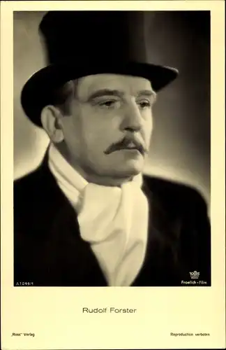 Ak Schauspieler Rudolf Forster, Portrait, Zylinder, Ross