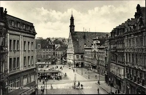 Ak Zwickau in Sachsen, Hauptmarkt, Rathaus, Stadttheater