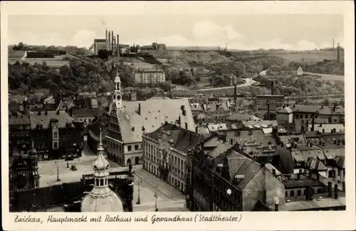 Ak Zwickau in Sachsen, Hauptmarkt, Rathaus, Gewandhaus, Stadttheater