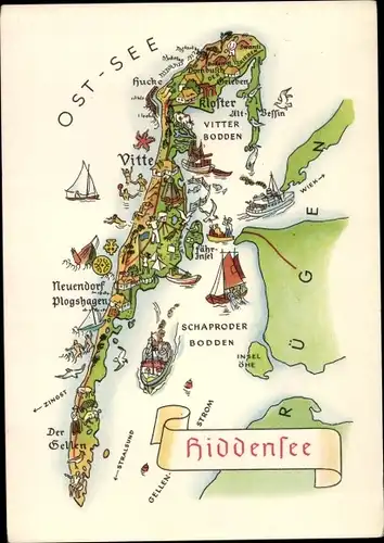 Landkarten Ak Hiddensee Ostsee, Vitte, Neuendorf, Plogshagen, Neuendorf, Bodden, Kloster