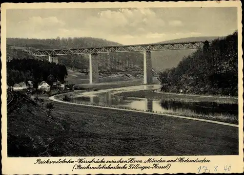 Ak Hann. Münden in Niedersachsen, Flusspartie mit Werrabrücke, Reichsautobahn