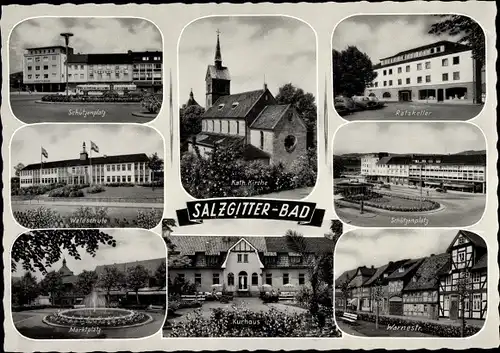 Ak Salzgitter in Niedersachsen, Schützenplatz, Kirche, Kurhaus, Waldschule, Ratskeller, Marktplatz