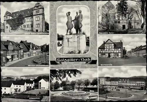 Ak Salzgitter in Niedersachsen, Schloss, Ruine, Mittelschule, Marktplatz, Denkmal, Straßenansichten