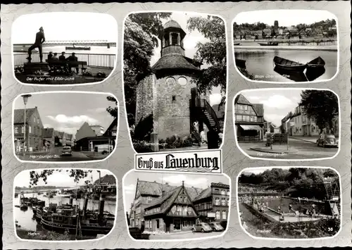 Ak Lauenburg an der Elbe, Schlossturm, Freibad, Hafen, altes Haus, Straßenpartie