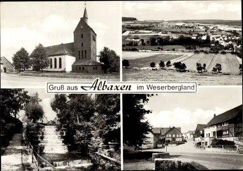 Ak Albaxen Höxter im Weserbergland, Kirche, Wasserfall, Total, Straßenansicht