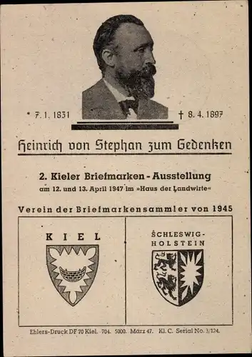 Wappen Ak Kiel in Schleswig Holstein, 2. Briefmarkenausstellung, Heinrich von Stephan zum Gedenken