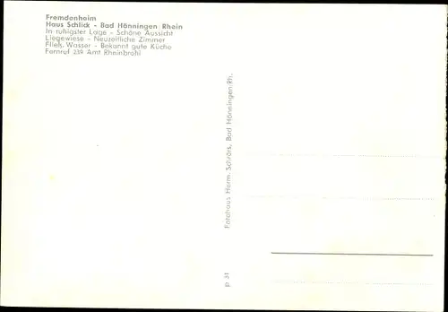 Ak Bad Hönningen am Rhein, Fremdenheim Haus Schlick