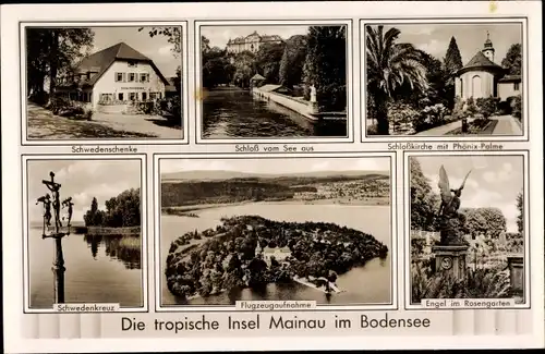 Ak Insel Mainau im Bodensee, Rosengarten mit Schlosskirche, Schwedenkreuz, Schwedenschänke