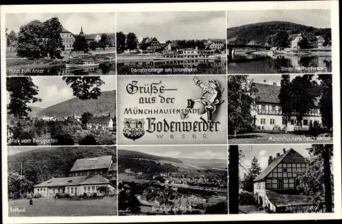 Ak Bodenwerder an der Weser, Wappen, Hotel zum Anker, Dampferanleger am Strandhotel, Solbad