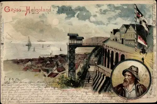 Litho Helgoland, Treppe und Fahrstuhl, Gebäude, Portrait