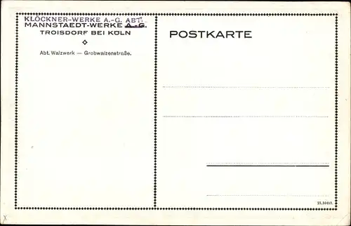 Künstler Ak Troisdorf Rhein Sieg Kreis, Eisenwarenfabrik, Mannstaedt Werke, Abt. Walzwerk