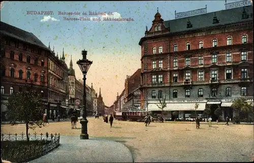 Ak Budapest Ungarn, Barossplatz, Rakoczistraße, Platz, Laterne, Passanten