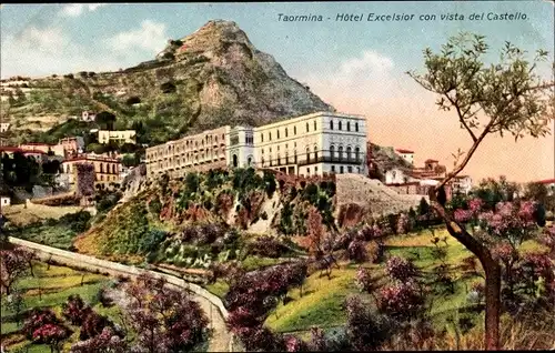 Ak Taormina Sicilia Italien, Hotel Excelsior con vista del Castello, Berg
