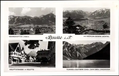 Ak Reutte in Tirol, Hauptstraße, Gehrenspitze, Mühlen,Lechtal, Plansee, Plattberg, Zahn, Zingerstein