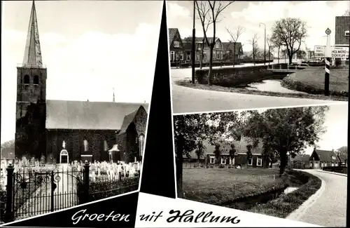 Ak Hallum Friesland Niederlande, Kirche, Straßenpartie, Flusspartie