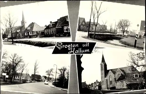 Ak Hallum Friesland Niederlande, Kirche, Straßenpartie, Häuser