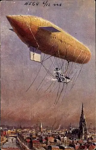 Künstler Ak Störhase, Hans, unstarres Motor Luftschiff, Parseval Ballon