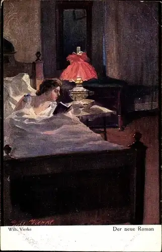 Künstler Ak Vierke, Wilh., Der neue Roman, lesende Frau im Bett, Primus 3039
