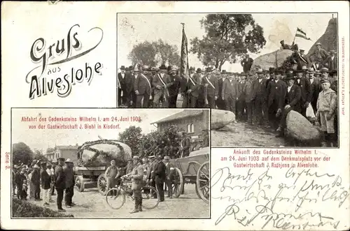 Ak Alveslohe in Holstein, Kisdorf, Gedenkstein Wilhelm I, Transport und Ankunft 1903, Gastwirtschaft
