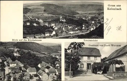 Ak Kellenbach im Hunsrück, Gasthaus von Jacob Wommer, Kirchstraße, Totalansicht von Ort