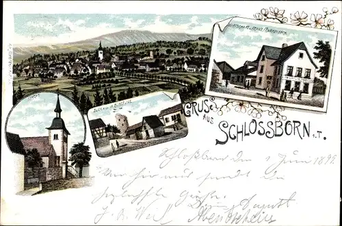 Litho Schlossborn Glashütten im Taunus, Panorama, Wirtschaft Franz Frankenbach, Burgruine, Kirche