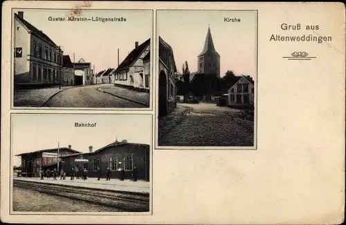 Ak Altenweddingen in Sachsen Anhalt, Kirche, Bahnhof, Lüttgenstraße, Geschäftshaus Gustav Karsten