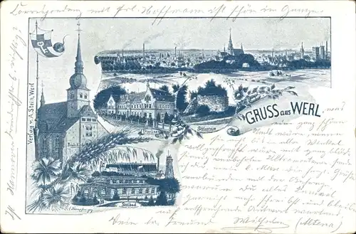 Litho Werl in Westfalen, Kirche, Schlossruine, Panorama, Soolbad