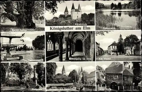 Ak Königslutter an der Elm, Kaiserdom, Kaiser Lothar Linde, Alte Burg, Freibad, Sprungturm, Denkmal