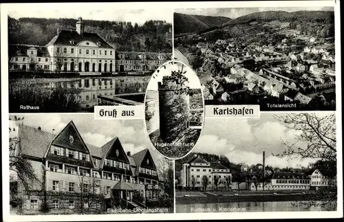 Ak Bad Karlshafen an der Weser, Rathaus, Totale, Eisenbahn Erholungsheim, Kurhaus, Hugenottenturm