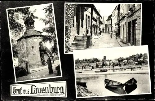 Ak Lauenburg an der Elbe, Schlossturm, Elbstraße, Uferpartie