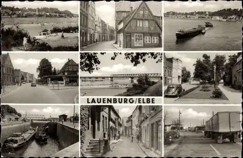 Ak Lauenburg an der Elbe, Schleuse, Strassenansicht, Brücke, Freibad